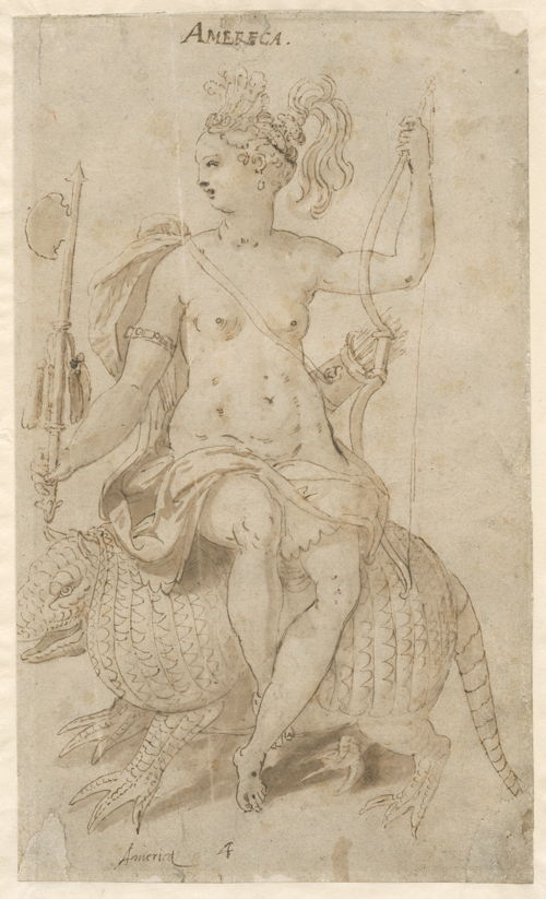 Allegorische voorstelling van Amerika. Tekening door Maerten de Vos. Uit de collectie van het Museum Plantin-Moretus