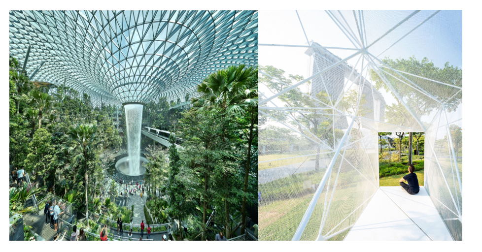 Above (left): Jewel Changi Airport by Moshe Safdie from Safdie Architects and RSP Architects Planners & Engineers (Pte) Ltd Above (right): AirMesh Pavilion by Professor Carlos Bañón from the Architectural Intelligence Research Lab (AIRLAB) @ Singapore University of Technology and Design