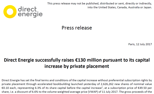 Direct Energie successfully raises €130 million pursuant to its capital increase by private placement