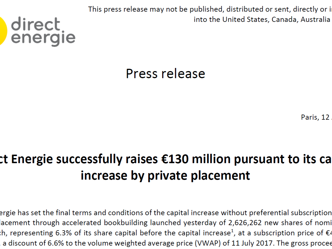 Direct Energie successfully raises €130 million pursuant to its capital increase by private placement