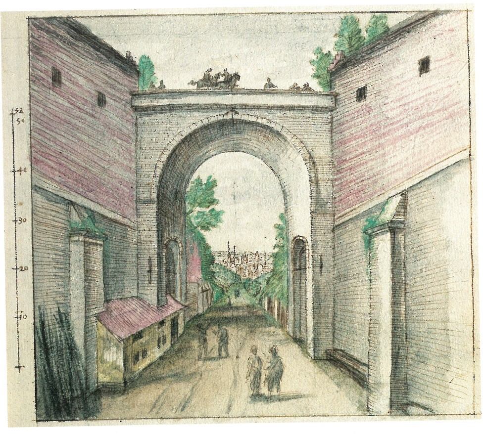 17de-eeuwse prent van de binnenkoer van de Wijngaardpoort richting stadszijde. Op de achtergrond is de stad zichtbaar (c)KBR