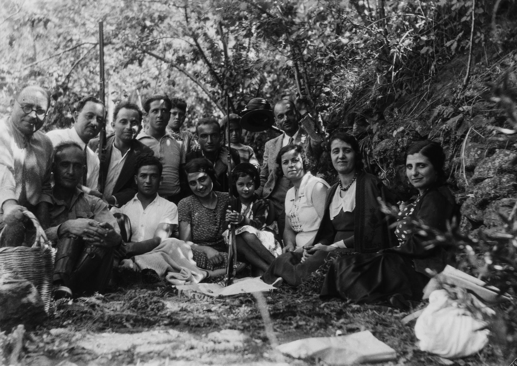 Outdoor group portrait. Taken by Jibrail Jabbur in Syria in the mid-20th century. Gelatin silver negative on cellulose acetate film, 8.6 x 12.3 cm. 0083ja00057, 0083ja ­– Norma Jabbur collection, courtesy of the Arab Image Foundation, Beirut.