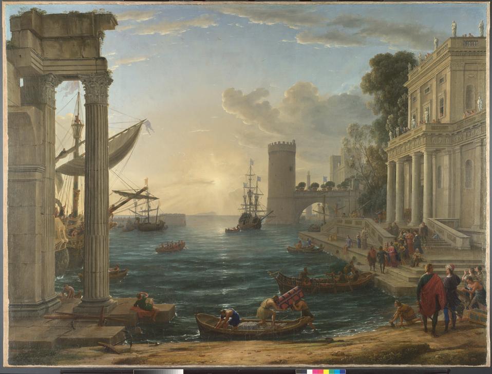 Seaport with the Embarkation of the Queen of Sheba”, 1848. By Claude Lorrain.  Part of the Angerstein Collection, purchased by the British government. AKG1556986