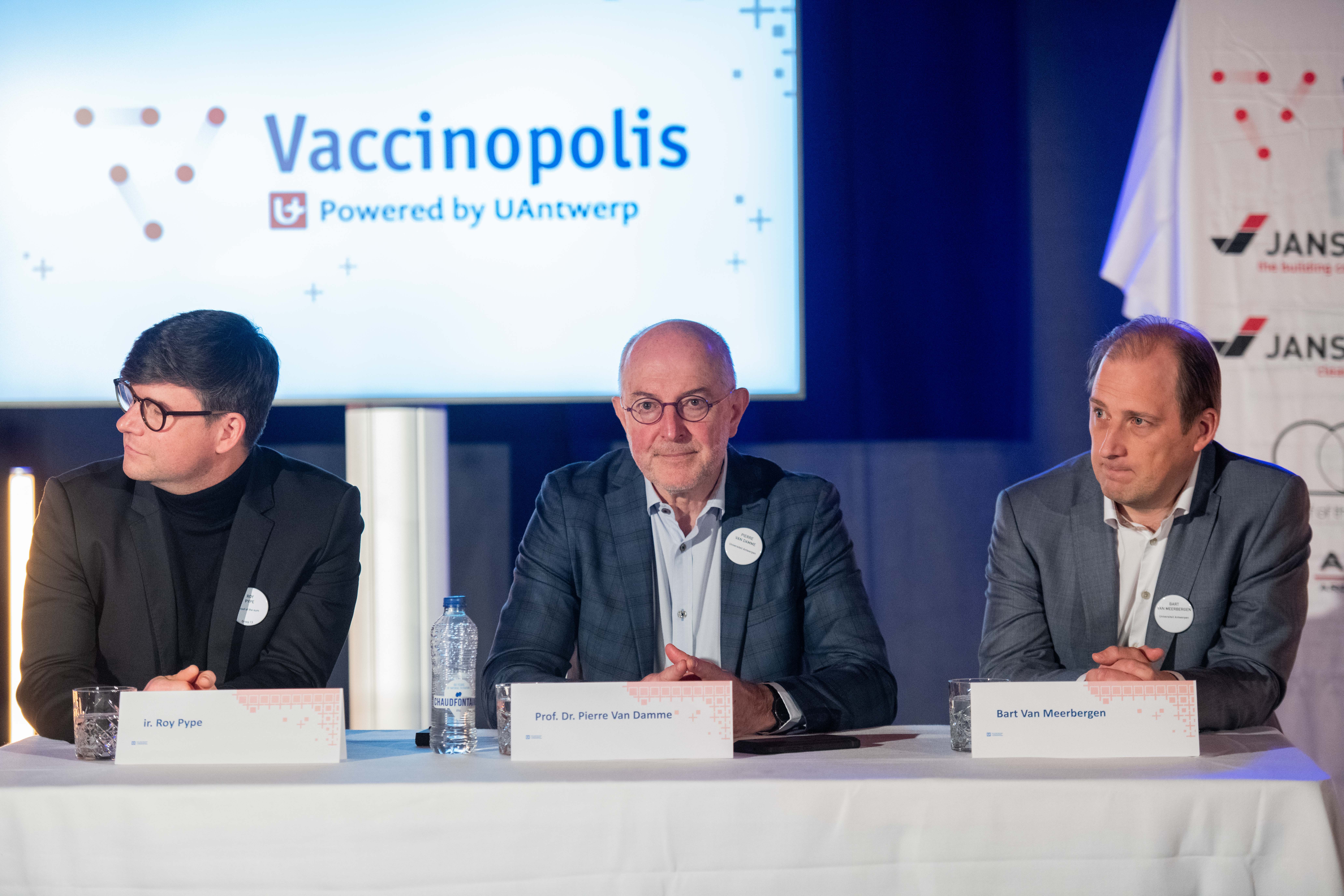 Architect Roy Pype, Professor Pierre Van Damme and UZA facility manager Bart Van Meerbergen at UA to present Vaccinopolis on 25 March 2022. ©BELGA PHOTO (JONAS ROOSENS)