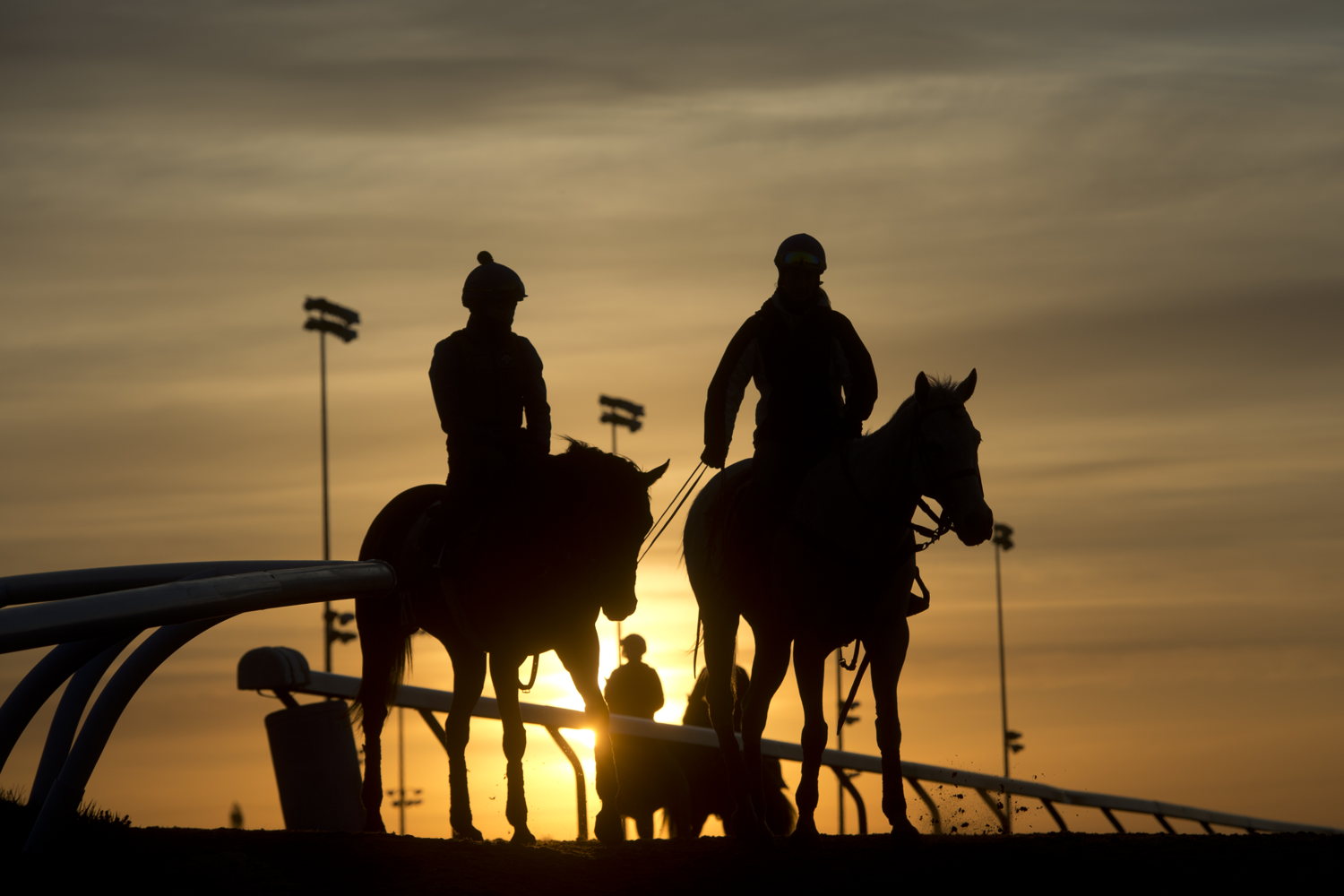 The sun rises during morning training at Woodbine Racetrack April 2024 (Michael Burns Photo)