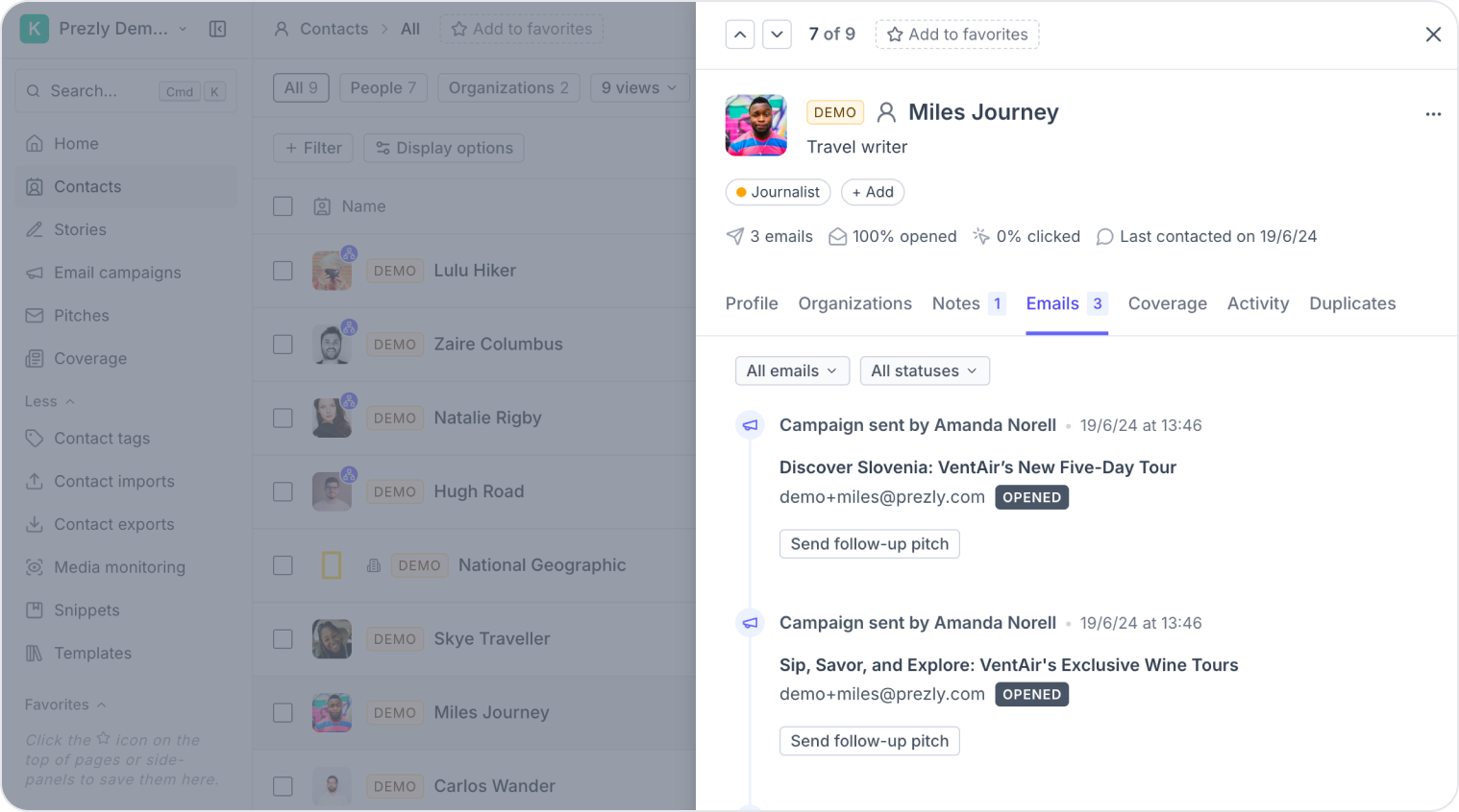 Prezly gives you the full history of comms and engagement for each contact in your CRM.