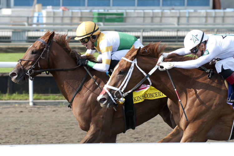 Kin's Concerto and jockey Sofia Vives winning the Woodbine Oaks presented by Stella Artois on July 20, 2024 at Woodbine (Michael Burns Photo)