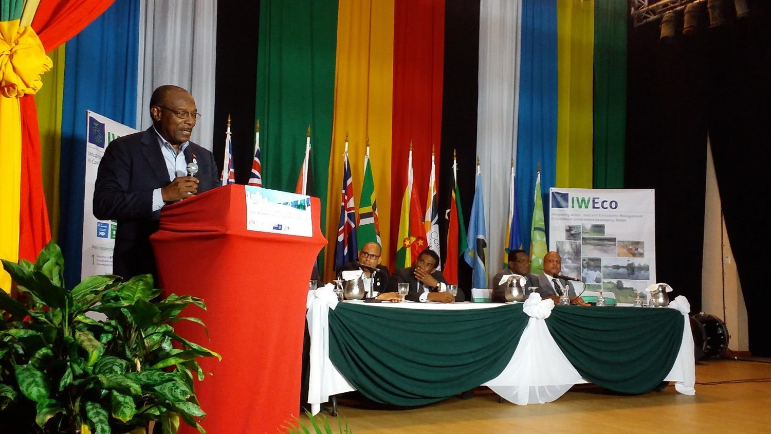 Antigua & Barbuda’s Minister of Health, Wellness and the Environment, Hon. Molwyn Joseph, speaks during the IWEco Signing Ceremony at OECS COMES 5, Montserrat, 11th July 2018.