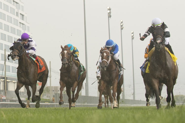 Dancing Duchess and jockey Sahin Civaci winning the Alywow Stakes on June 22, 2024 at Woodbine (Michael Burns Photo)