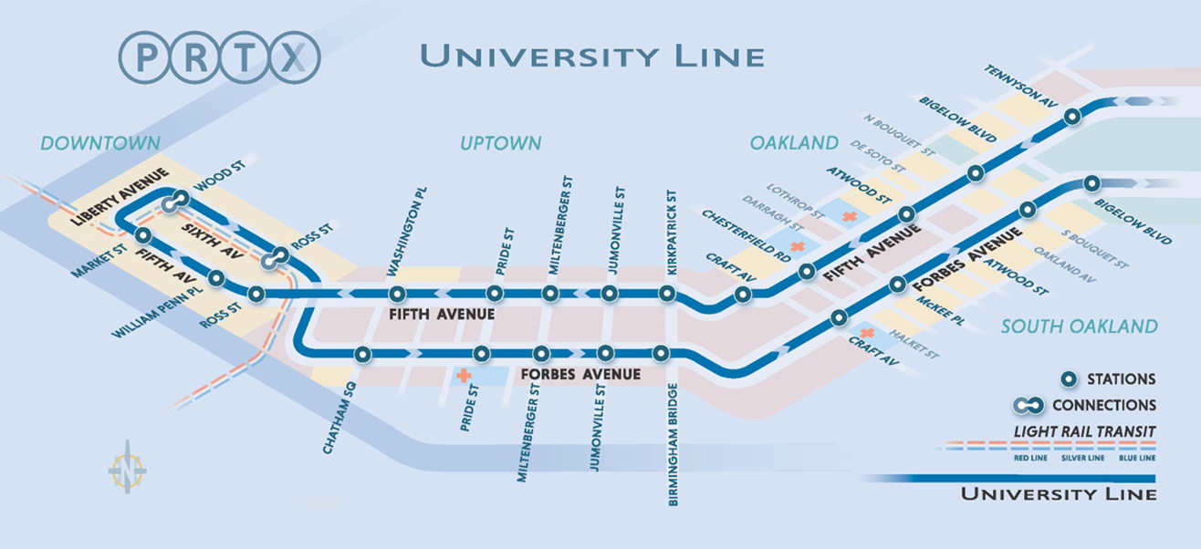 Map of 24 PRTX stations along the University Line corridor