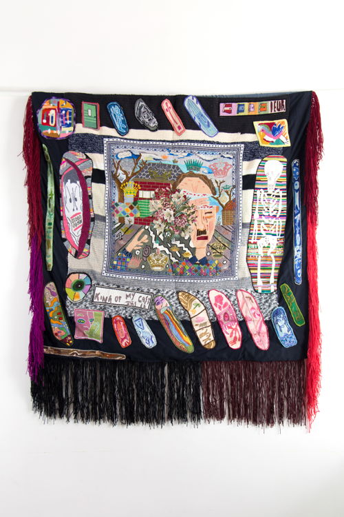 Klaas Rommelaere, King, 2018. Handembroidery + crochet with cotton + cotton fabric, 150 × 124 cm