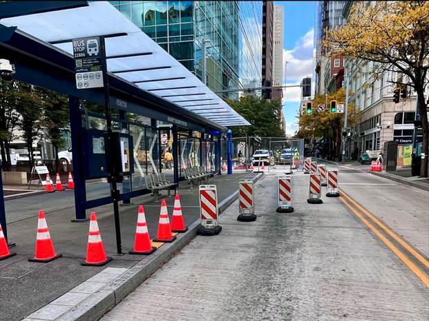 Temporary Work Zone Tstablished at Fifth Avenue and Market Street