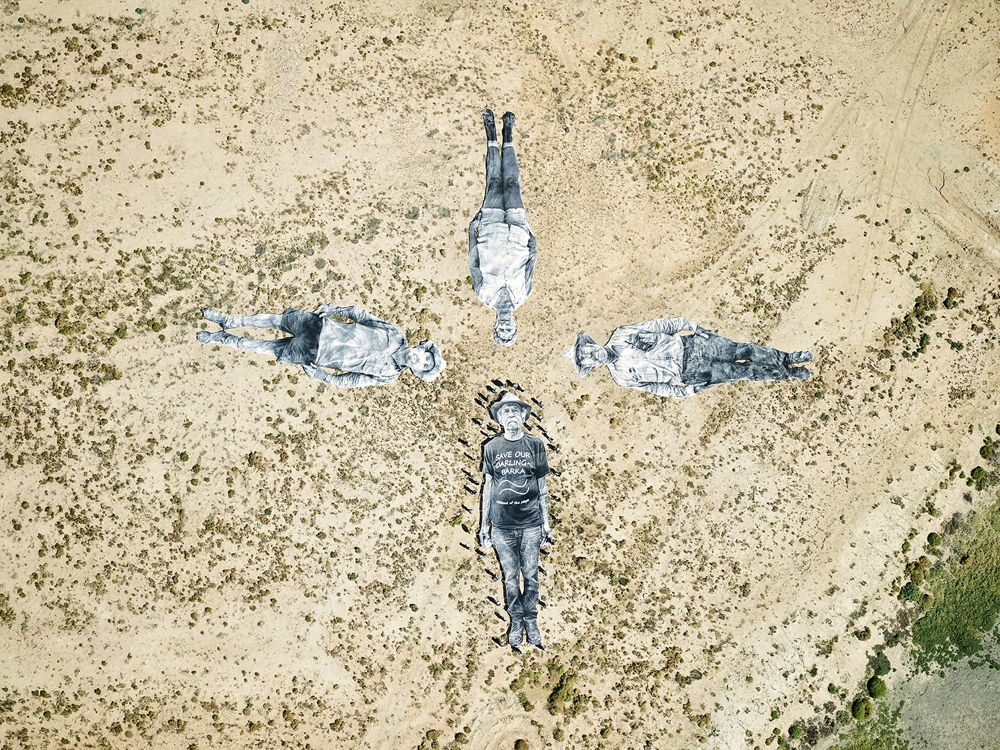 Aerial view of JR’s work Homily to Country 2020 during a live procession in Menindee Lakes, New South Wales, Australia on Saturday 27 February 2021. Photo: NGV