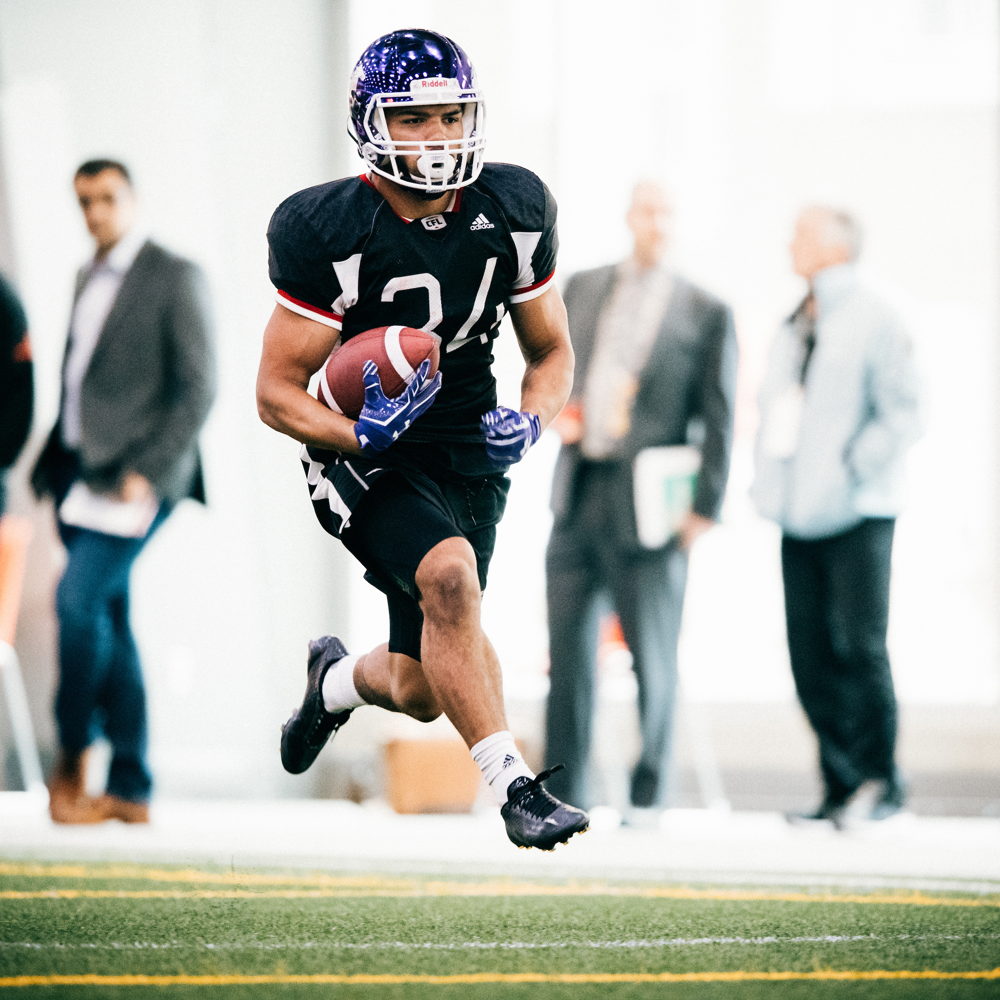 Alex Taylor, un demi offensive natif de Winnipeg, pendant le camp d’évaluation 2018 de la LCF, présenté par adidas. Photo : Johany Jutras/LCF.ca