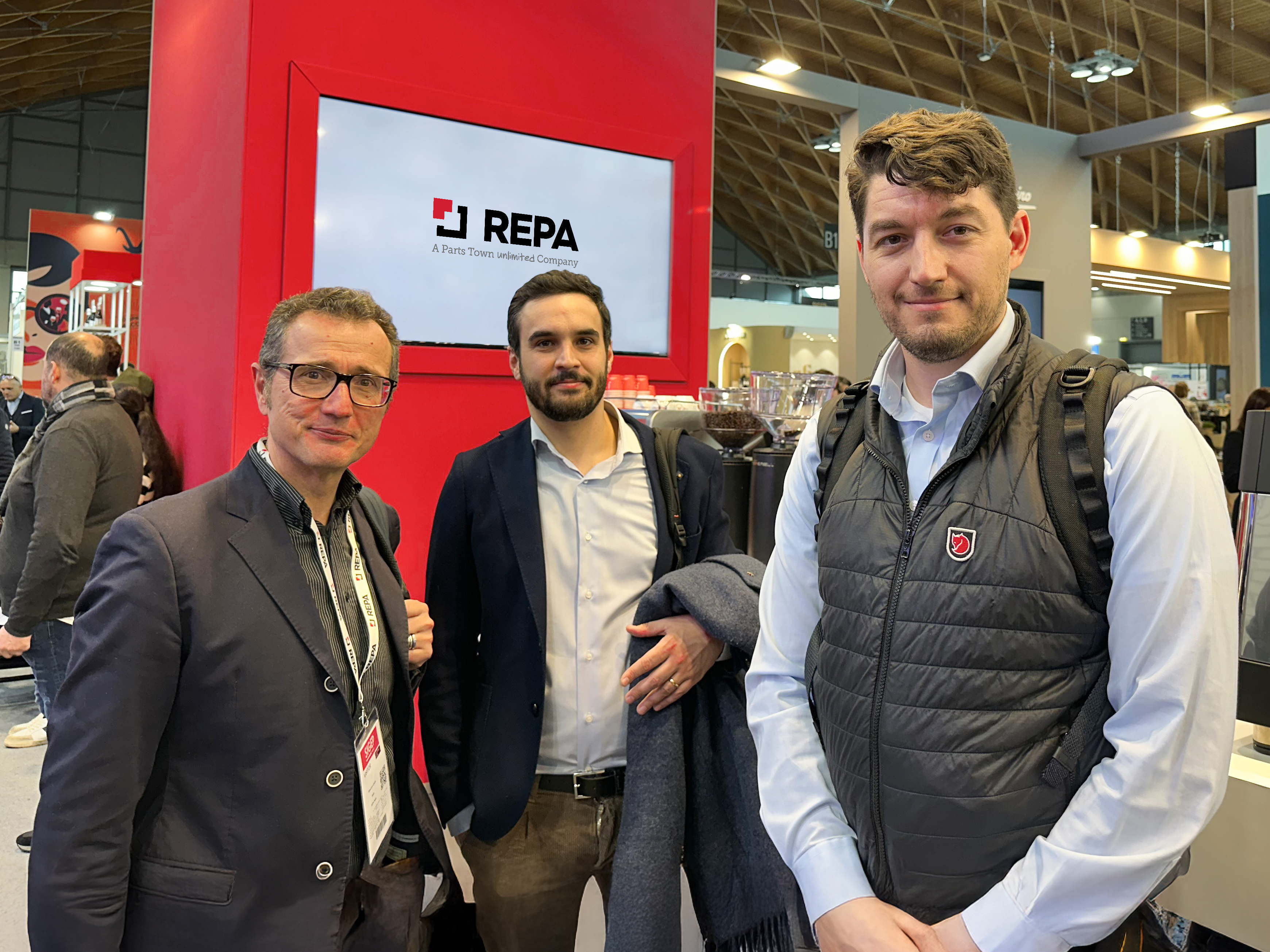 REPA Team at SIGEP: Gilberto Guidi, Director of Professional Coffee, Claudio Franzato, Coffee Key Account Manager International, and Colten Kohler, Group Director OEM Partnerships