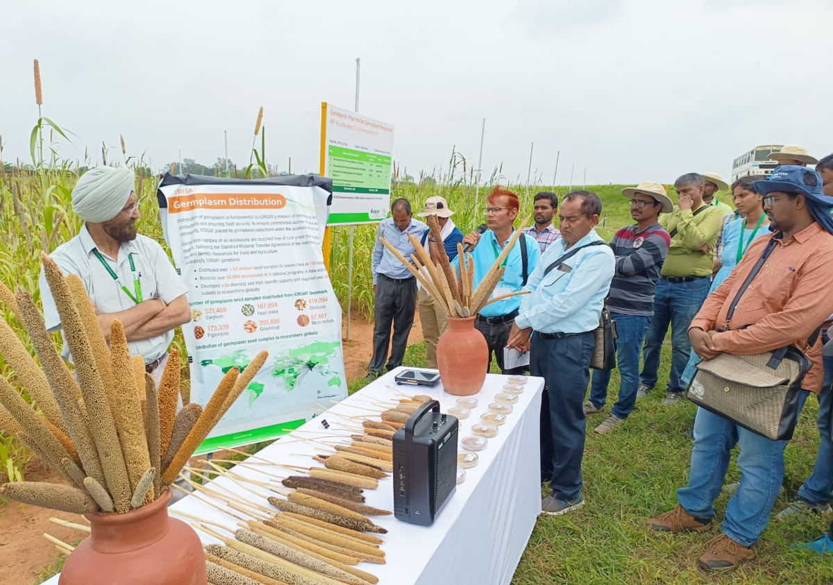 Dr Kuldeep Singh, Cluster Head, ICRISAT Genebank brief visiting scientists on pearl millet genetic resources available at ICRISAT.