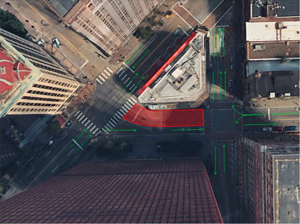 An ariel image of Sixth Avenue between Wood Street and Liberty Avenue depicting the traffic detour