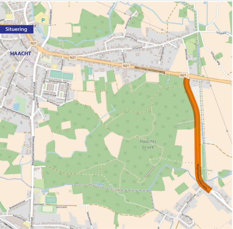 Kaart met ligging van de nieuw aan te leggen fietspaden langs de Wijgmaalsesteenweg in Haacht