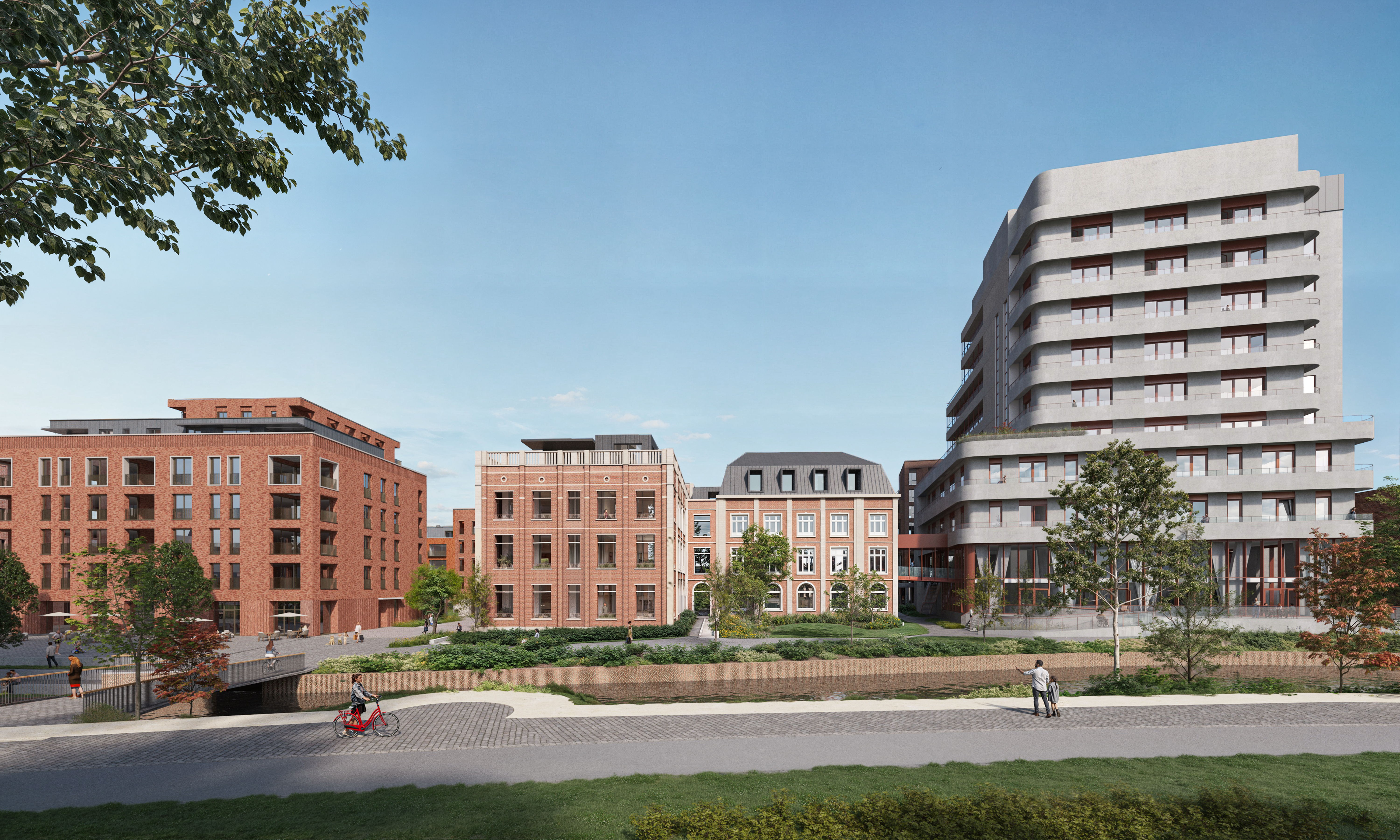 Ontwerpbeeld - Centraal achter de bomen staat het auditorium Maisin, rechts is de Welzijnstoren. Ontwerpbeeld - Centraal achter de bomen staat het auditorium Maisin, rechts is de Welzijnstoren.