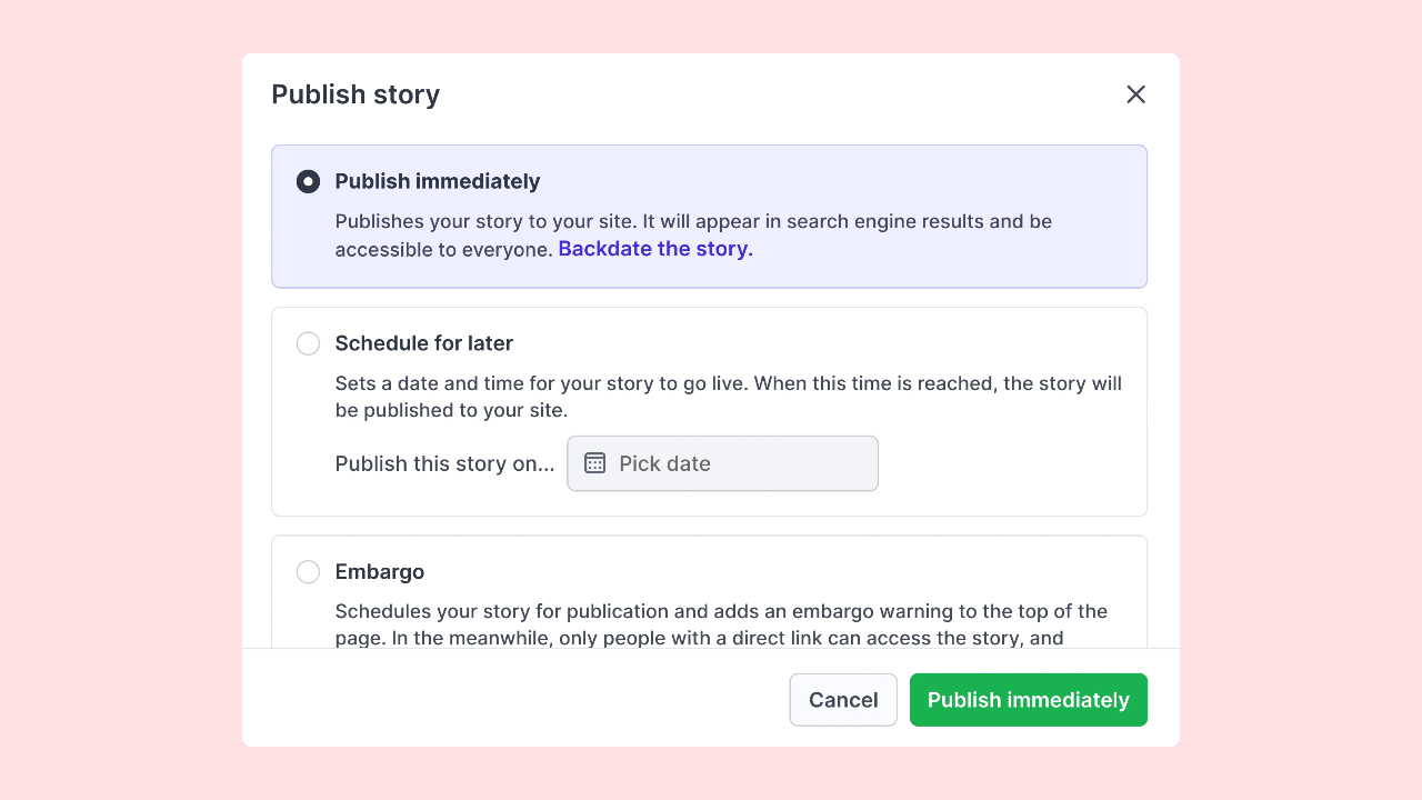 Publish options in Prezly