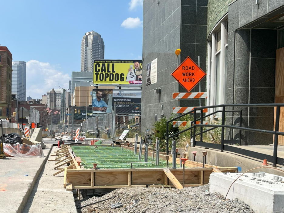 A wooden frame recently placed in preparation for concrete pour at Fifth Avenue and Pride Street