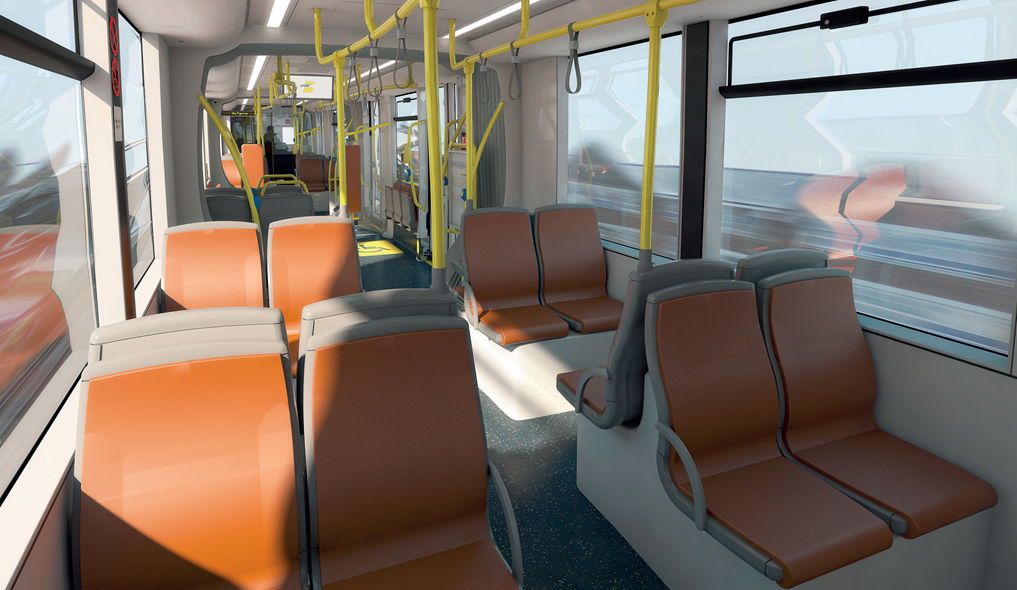 Interieur CAF-tram met zetels in recuperatieleder.