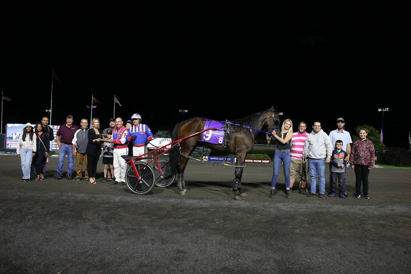 Funtime Bayama in the winner's circle for the  second division of the Nassagaweya on August 26, 2023 at Woodbine Mohawk Park (New Image Media) 