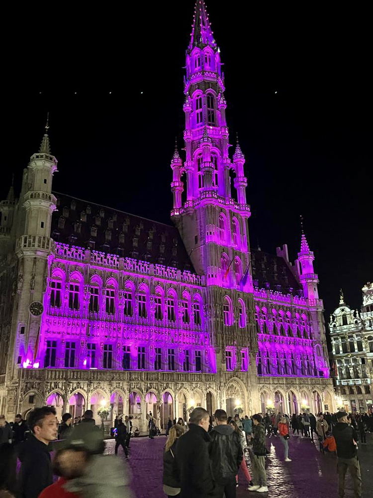 Hôtel de Ville de Bruxelles sur la Grand-Place illuminé pour le lancement du mois international de sensibilisation au cancer du sein. 