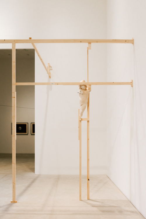  Installation view of Leaps of Faith at Z33, Hasselt. Danh Vo, meat cables, 2021. Courtesy of the artist and Xavier Hufkens, Brussels. Photo: Selma Gurbuz.