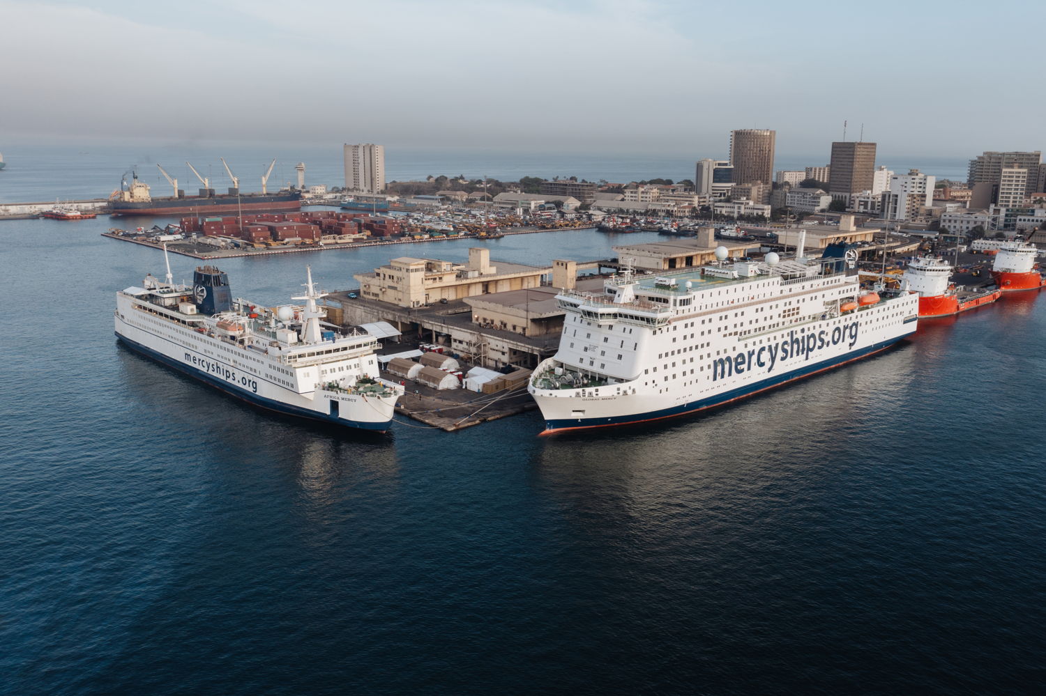 For the first time in Mercy Ships history, the Global Mercy docked next to the Africa Mercy in the Port of Dakar Senegal.