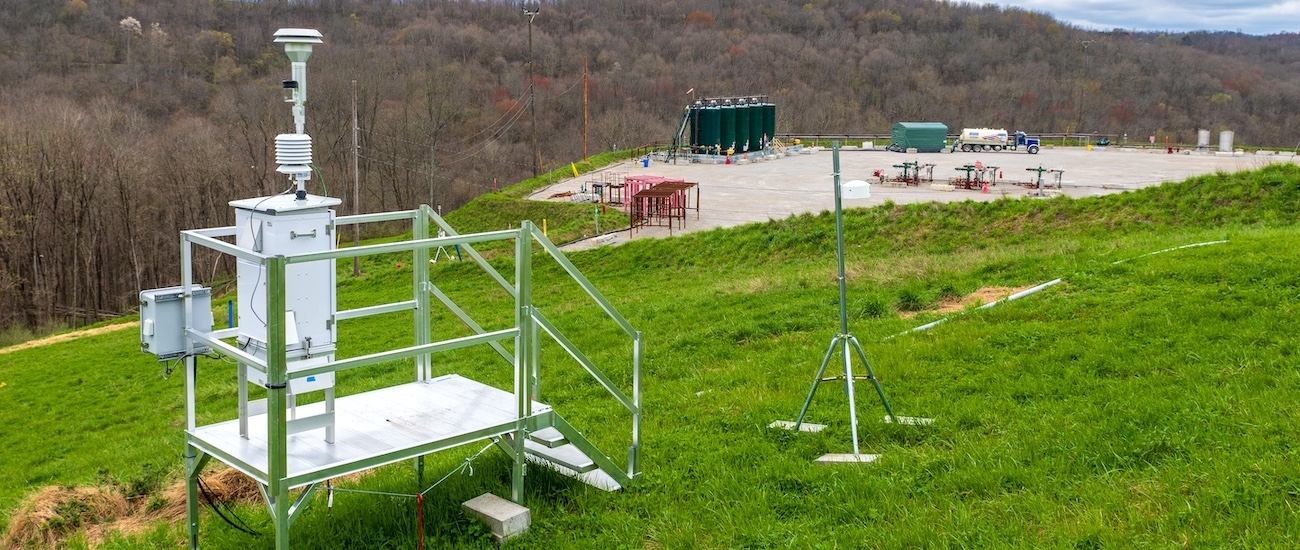 An air quality monitor at the CNX RHL37 well pad in Greene County, PA. Pictured above is another monitor at the CNX NV110 well pad in Washington County, PA. An air quality monitor at the CNX RHL37 well pad in Greene County, PA. Pictured above is another monitor at the CNX NV110 well pad in Washington County, PA.