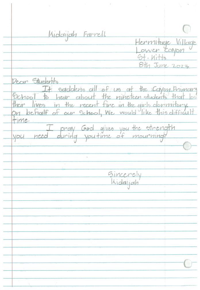 Letter from Kidaijah Farrell-Student of Cayon Primary School in Saint Kitts and Nevis 