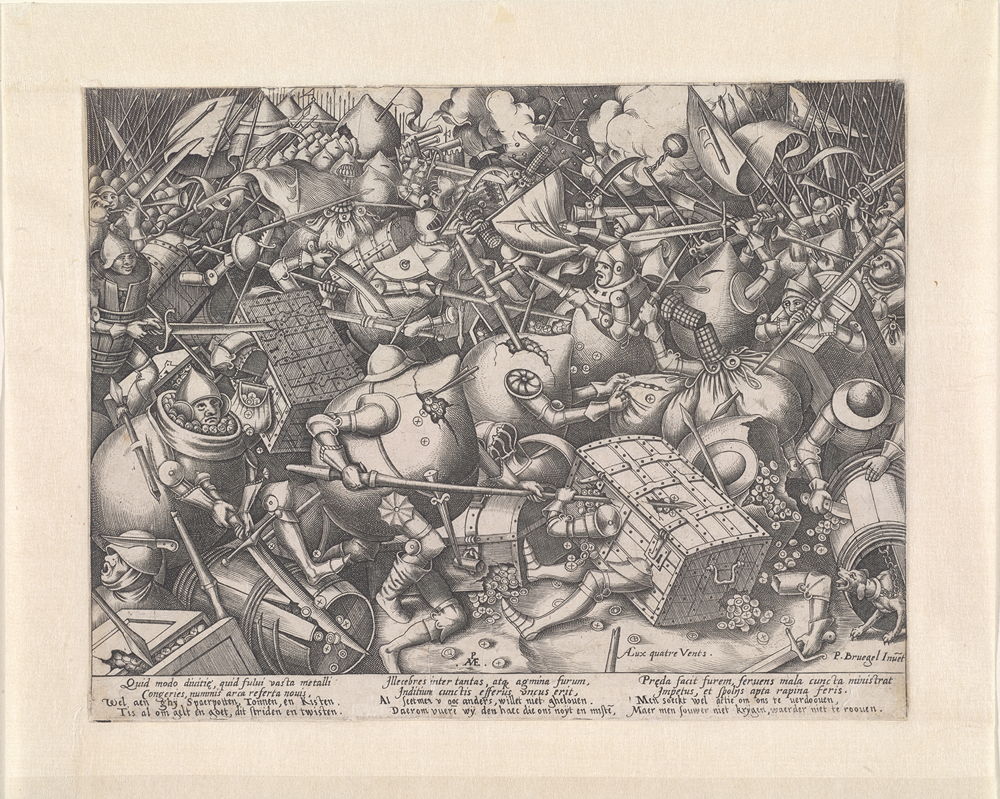 De strijd tussen geldbuidels en geldkoffers. Graveur: Pieter van der Heyden naar de tekening van Pieter Bruegel de Oude. Inventarisnummer KBR: S.IV 2188.