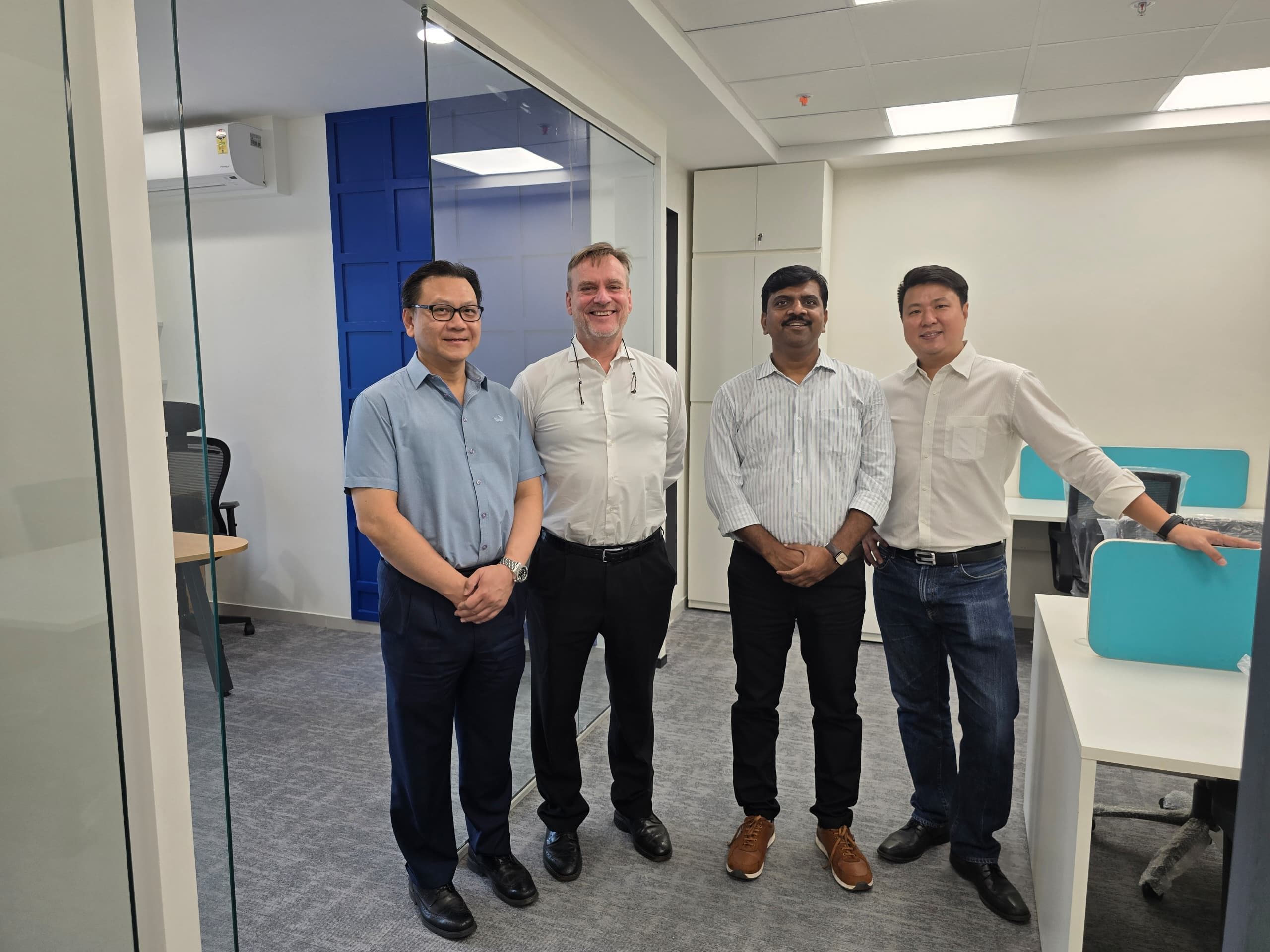 From left to right: Jonathan Chooi, Jakob Helms, Bhavesh Pingle and Lee Ven Han at the new office in Pune, India