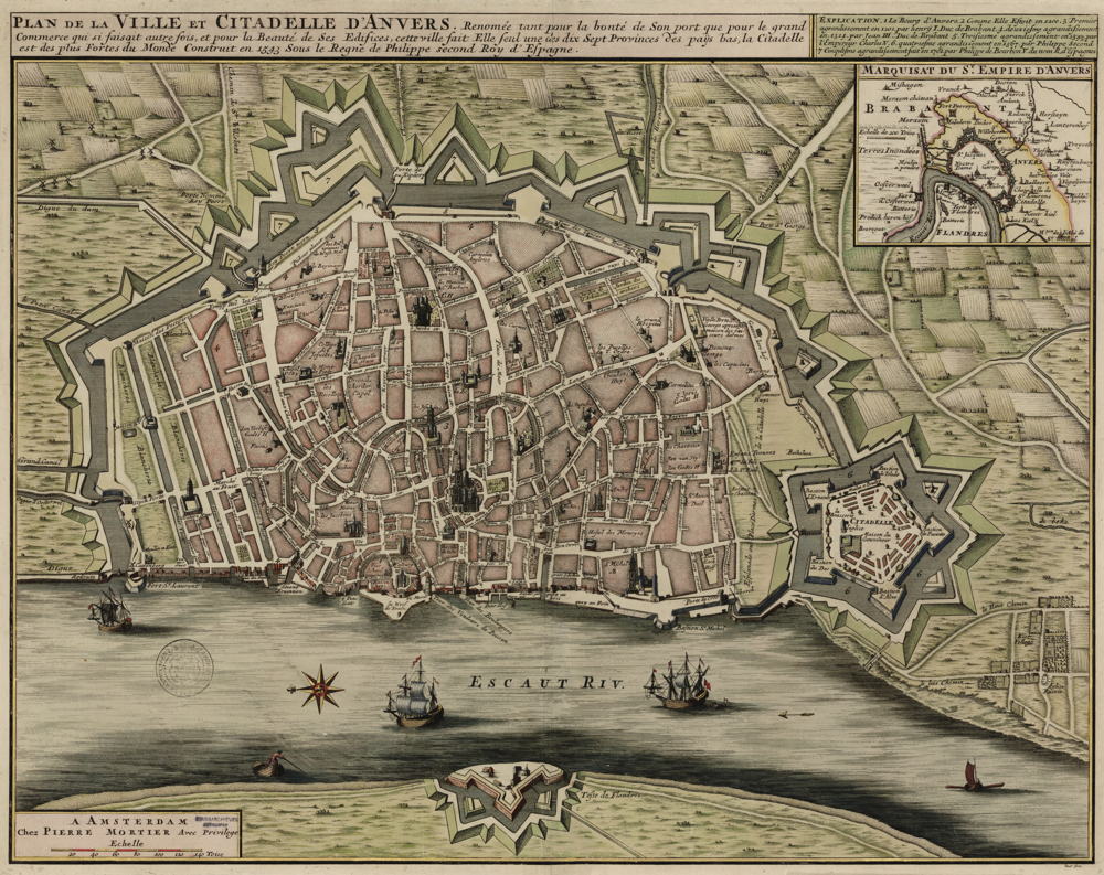 Stadsplattegrond rond 1800. Merk de rechttrekking van de Scheldekaaien en het bastion op.