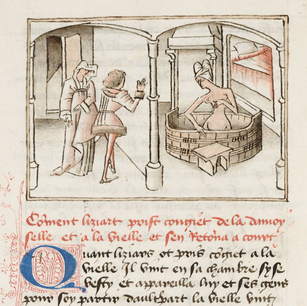 Door een gaatje in de muur bespiedt Liziart
Euryant in haar bad en ziet hij op haar borst
een bijzonder vlekje. Miniatuur van de
Meester van Wavrin in Gérard de Nevers.
KBR, ms 9631, f.12v
