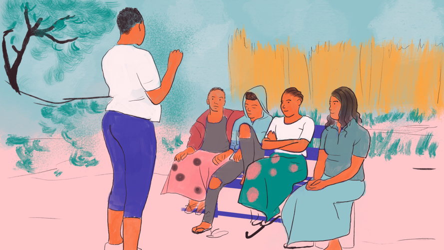 Illustration of a trained peer educator talking with women in her community about self-care. Copyright: Carrie Hawks/MSF