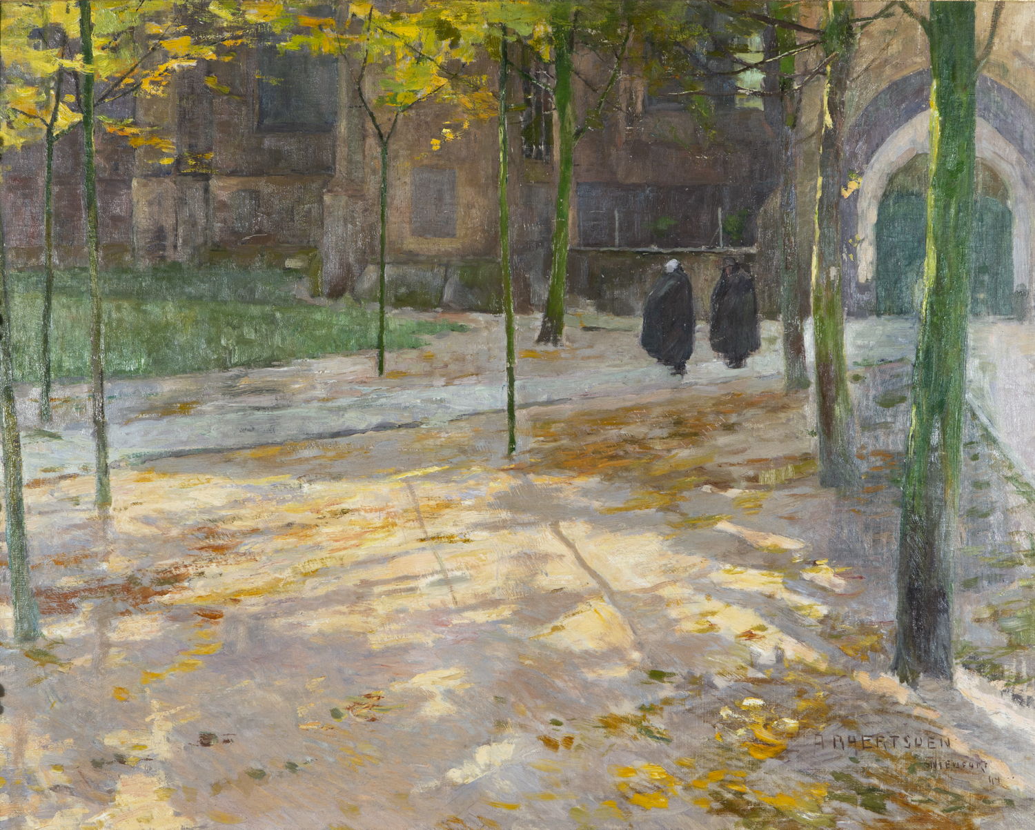 Albert Baertsoen (Gent, 1866 – Gent, 1922) Voor de kerk, in Vlaanderen (herfst), 1894. Olieverf op doek. Privéverzameling
