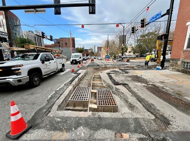 Storm inlets recently relocated at Forbes Avenue and Van Braam Street