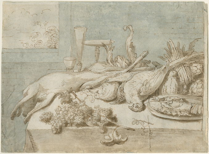 Jachtstilleven met wild, fruit, groenten en kreeft, toegeschreven aan Paul de Vos (tekenaar), 1604-1678, Expo ‘Komt een Italiaan naar de Nederlanden.’ (3/12/21-22/3/22), Collectie Museum Plantin-Moretus