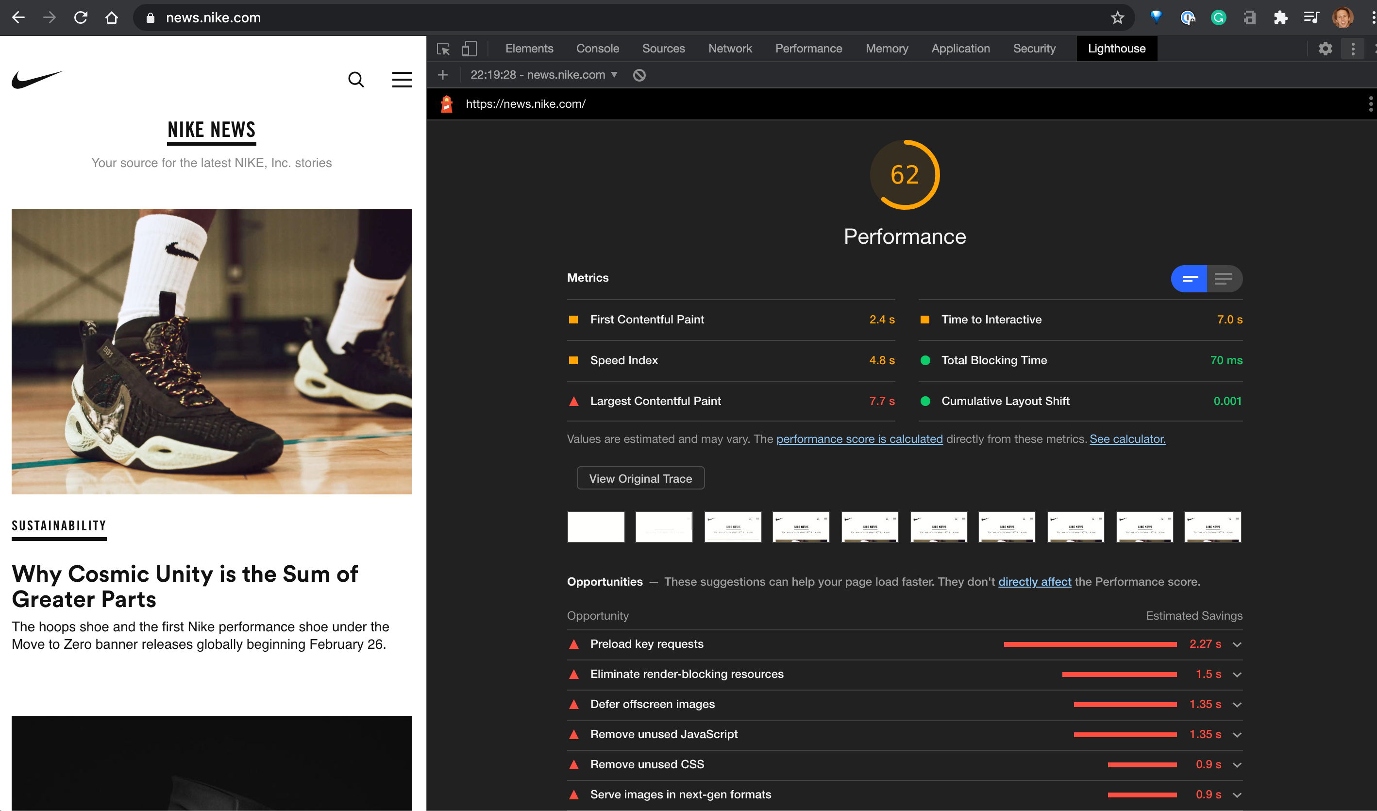 Lighthouse Audit news.nike.com - Score 62%