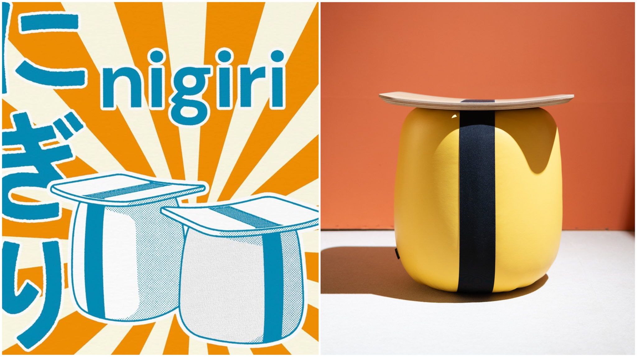 Left photo: Nigiri branding by Dibloo Studio Right photo: Nigiri stool designed by Dibloo for .annud
