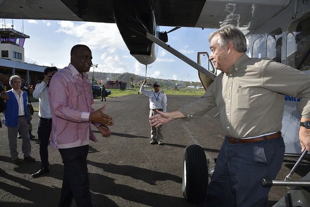 UN Secretary-General António Guterres greets  Prime Minister of Dominica Hon. Roosevelt Skerrit as he disembarks aircraft. 