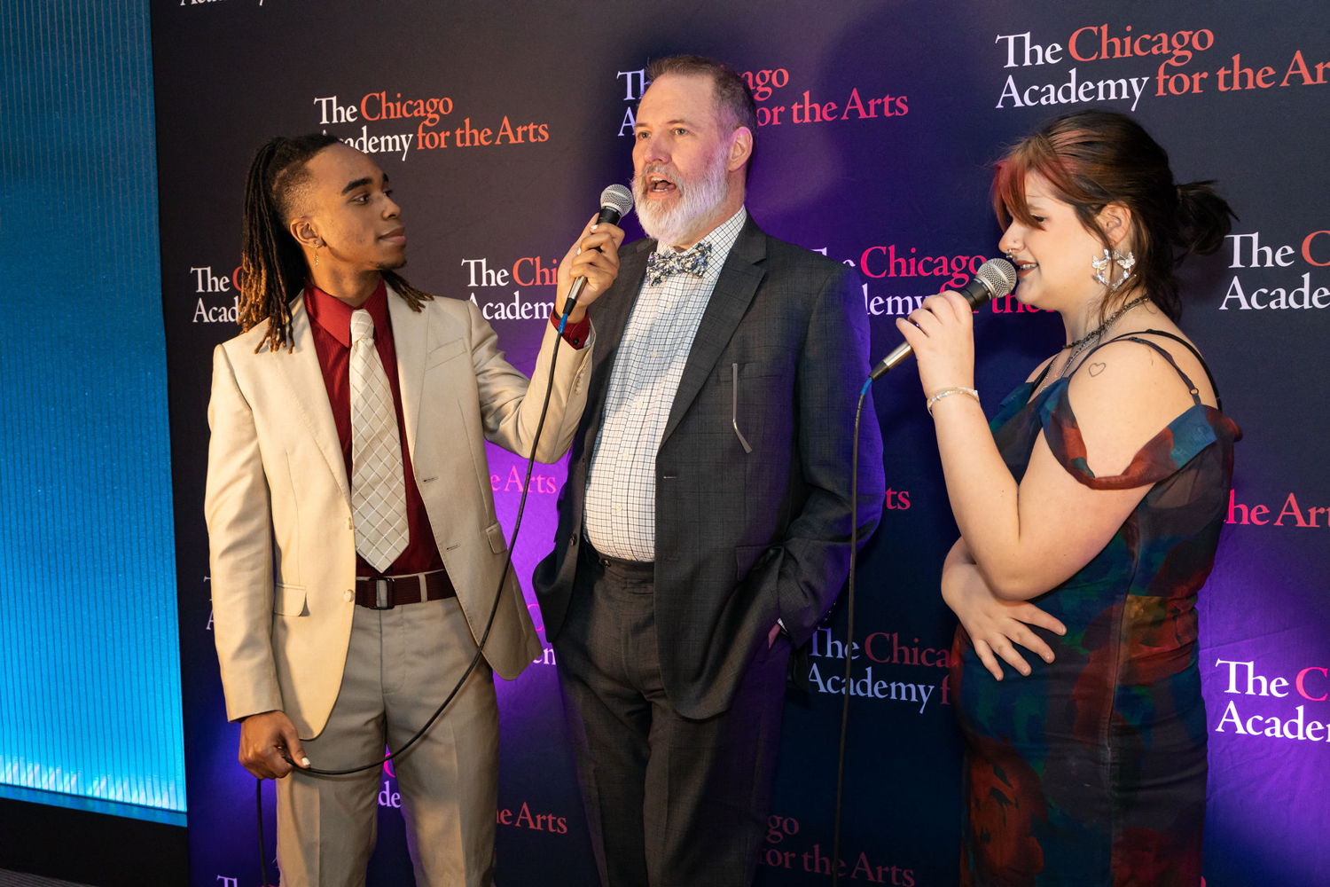 Red Carpet Hosts, Asim Baraka (Musical Theatre '23) and Zoe Finkelman (Visual Arts '23) interview 2023 Faculty Legacy Award Recipient and Musical Theatre Department Chair Andy Robinson(CREDIT: Michele Marie Photography MicheleMariePhotography.com)