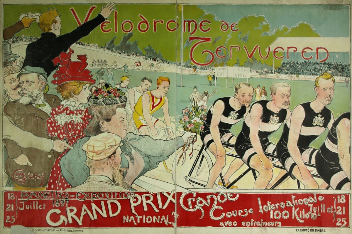 Vélodrome de Tervueren / 13-21-25 juillet 1897 / Bruxelles Exposition / Grand Prix National / Grande Course Internationale 100 km avec entraineurs. Uit de collectie van het Letterenhuis in Antwerpen.