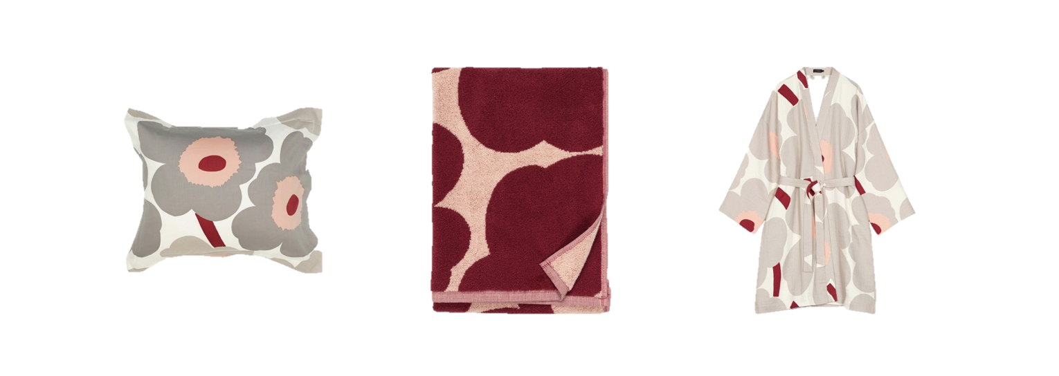 Unikko Wool-Cotton Throw Blanket: $239, Pieni Unikko Pillow Cover: $58, Marimekko Unikko Towel: $62, Unikko Cotton Bathrobe: $235 Unikko Wool-Cotton Throw Blanket: $239, Pieni Unikko Pillow Cover: $58, Marimekko Unikko Towel: $62, Unikko Cotton Bathrobe: $235