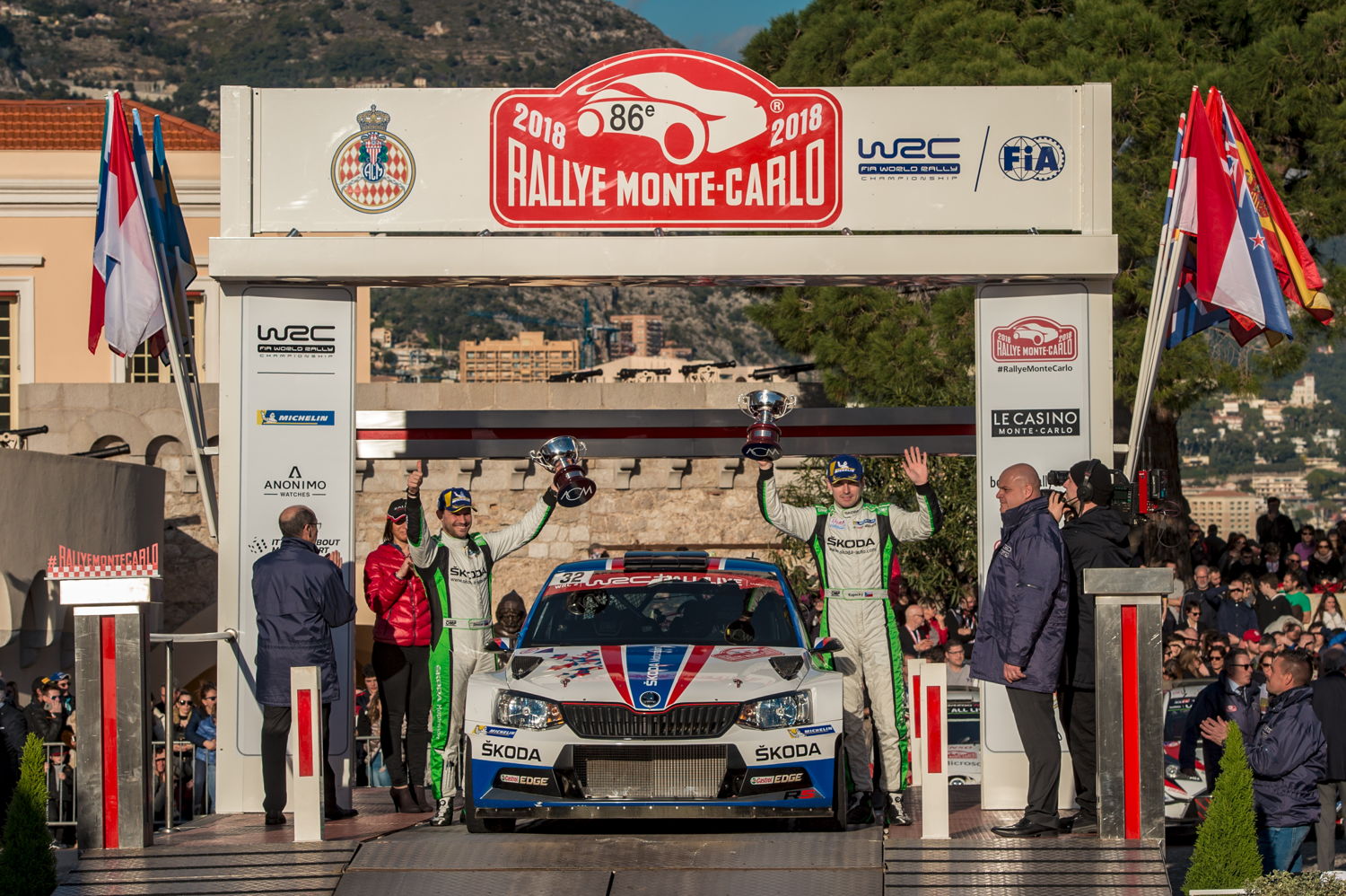 Time to celebrate: Jan Kopecký /Pavel Dresler (ŠKODA FABIA R5) won WRC 2 category and RC 2 class at the opening round of the FIA World Rally Championship 2018, the Rally Monte-Carlo