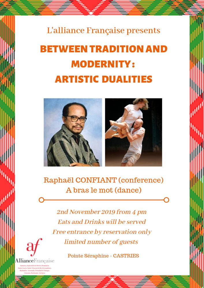 Programme de l'événement “Between Tradition and Modernity: Artistic Dualities” à l'Alliance française de Sainte-Lucie (le 02/11/2019)
