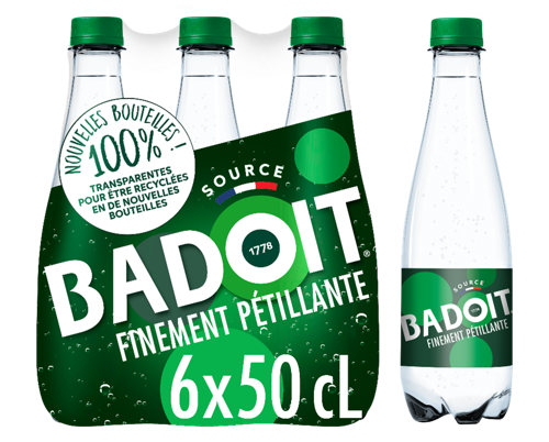 Danone kondigt het einde aan van de gekleurde Badoit-flessen om hun recycling tot nieuwe flessen te promoten