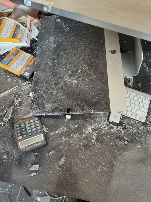 All computers, laptops, and other office equipments are broken/damaged
